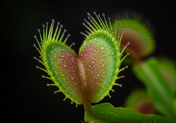 An elegant carnivorous plant with venus flytrap-like features, beautifully designed with gradient petals from deep emerald to bright lime green, gracefully catching mosquitoes in its artistic trap