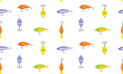 Seamless pattern with fishing lure. Fishing bait. Artificial fish lure in different colors. Angling accessory background. Flat vector illustration