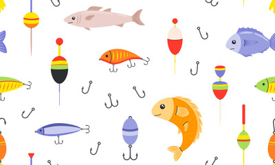 Fishing seamless pattern. Angling and spinning equipment background. Fish, hook, lure, bait, bobber. Hand drawn flat vector illustration