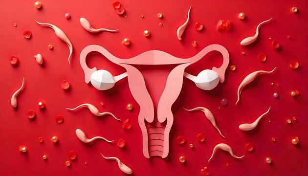 Paper female uterus and sperm cells on red background, female reproductive system, created with generative ai - Powered by Adobe