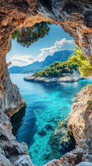 Landscape with a view of the sea through a stone grotto. Great for travel brochures and travel articles.