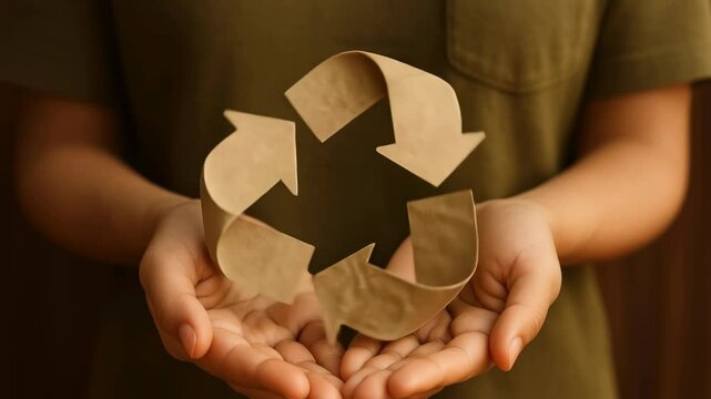 Close-up shot of hands holding a 3D paper recycling symbol. Warm tones convey an eco-friendly concept, ideal for a sustainability video theme. Live desktop wallpaper.
