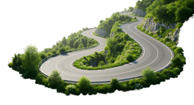 Winding mountain road 3d rendered isolated on white background