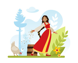 Feed the chickens in the village with mixed feed. A Slavic girl in a red sundress is scattering grains in the yard, caring for poultry. Illustration of proverbs. Retro look in a flat cartoon style
