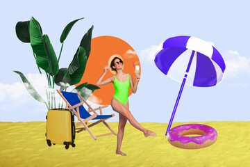 Trend artwork sketch design 3D collage of travel holiday summer season voyage young woman walk...