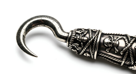 A detailed pirate hook hand accessory with skull, metallic finish on white backdrop