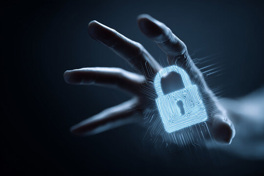 Human hand reaching toward floating glowing digital padlock blocked by transparent AI shield