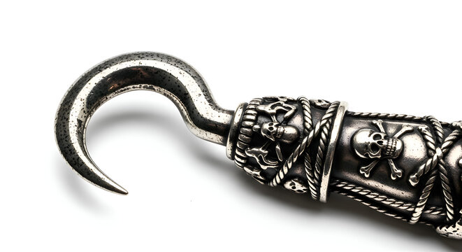 A detailed pirate hook hand accessory with skull, metallic finish on white backdrop
