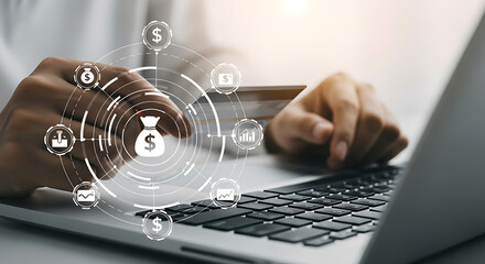 Person using credit card for online transactions with digital financial technology overlay