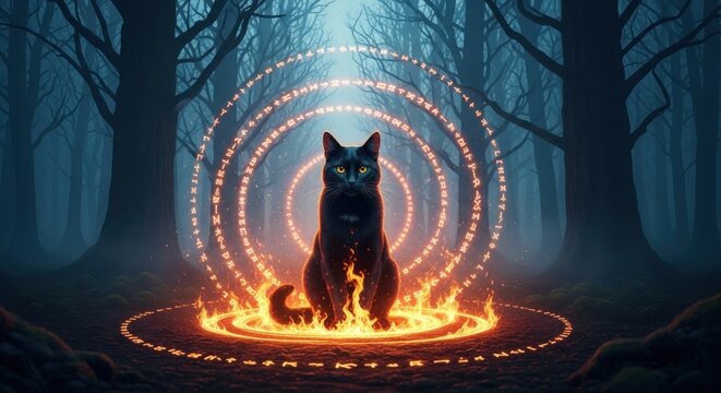 Mystical Black Cat Enchanted Forest Ritual With Glowing Orbs and Flames