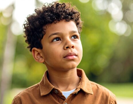 Pensive Boy with Park Portrait, Child Outdoors, and Nature Background.