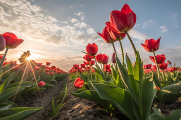 A beautiful of red tulips in full bloom 