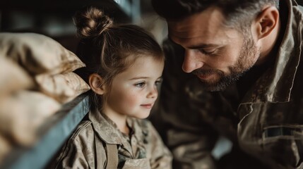Fototapeta premium A touching moment between a father and his young daughter dressed in military uniforms, highlighting the special bond and emotional connection shared in their lives.
