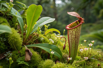 Fascinating Nepenthes pitcher plant nestled among vibrant green leaves and small flowering plants