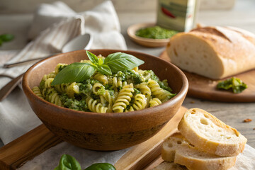 Spiral pasta tossed in vibrant green pesto sauce, adorned with fresh basil