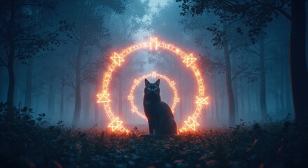 Mystical Black Cat Conjured Within Enchanted Fiery Circle in Eerie Foggy Forest Atmosphere