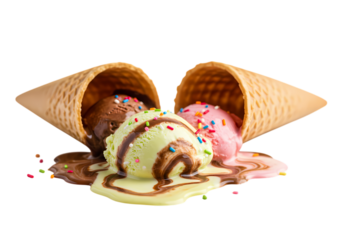 Melting Ice Cream Cones with Chocolate Sauce and Sprinkles isolated on transparent background