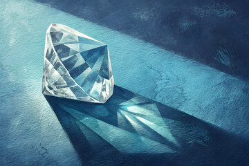 Big crystal shape casting a soft shadow on a textured blue background