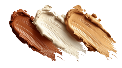 Foundation dot and smudge in three skin tones, realistic creamy texture, white background, PNG