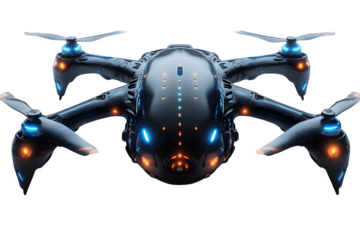 D render of a futuristic drone with glowing blue lights tech innovation isolated on white background