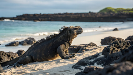 Black Galapagos marine iguana lying on volcanic sand on summer day on seashore