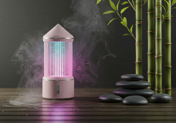 A sleek, minimalist mosquito zapper designed as a piece of modern art, geometric crystal structure with soft LED glow in pastel colors, floating in a zen garden with bamboo and smooth stones, surround