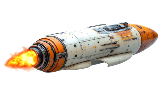 D render of a rocket ship with fiery exhaust futuristic transport isolated on white background