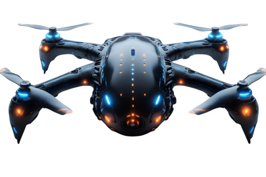 D render of a futuristic drone with glowing blue lights tech innovation isolated on white background