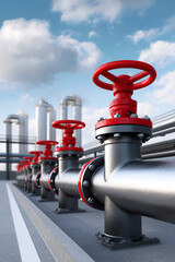 Industrial pipeline system featuring multiple red valves and metallic pipes, set against a backdrop of a clear blue sky with fluffy clouds, illustrating modern engineering and infrastructure