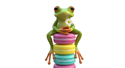 Frog on stack of macarons 3d rendered isolated on white background