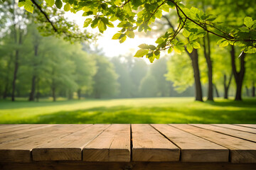 Sunlight on Table in Park, Rustic Wood Deck with Trees, Outdoor Table with Leaves, Wood Platform in Nature