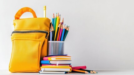 Fototapeta premium Yellow school bag with colorful supplies