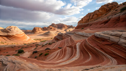 The intricate patterns of layered sandstone in a red desert landscape