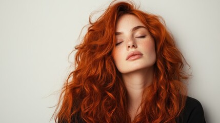 Naklejka premium A captivating portrait of a beautiful redhead woman with freckles, peacefully closing her eyes and exuding confidence and elegance against a minimalist background.