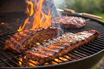 Perfectly grilled ribs sizzle on an outdoor barbecue grill, enveloped in flames