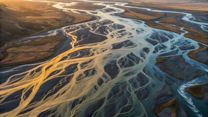 Abstract aerial view captures the swirling textures of a river