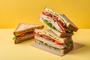A complete sandwich, with layers of meat and fresh vegetables, captured on yellow background
