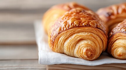 Fototapeta premium A close-up of beautifully baked golden croissants resting on a rustic wooden table conveys a sense of warmth and indulgence, perfect for a cozy breakfast experience.
