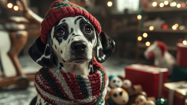 A cute Dalmatian dog adorned with a cozy striped scarf and festive hat, evoking joy and playfulness, perfect for capturing the spirit of the holiday season.