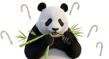 Panda eating bamboo, 3d rendered isolated on white background