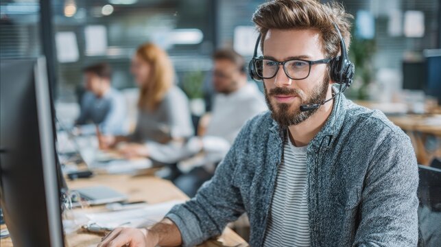 Calm male tech agent at help desk station using CRM software and audio interface to assist clients.
