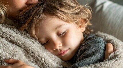 Child asleep in mother lap, arms wrapped in tenderness, soft blanket and quiet background.