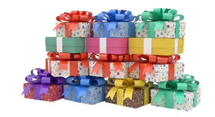 Stack of colorful gift boxes 3d rendered isolated on white background