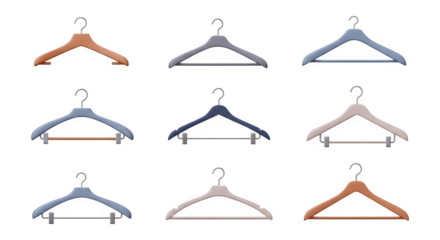 Assorted clothing hangers 3d rendered isolated on white background