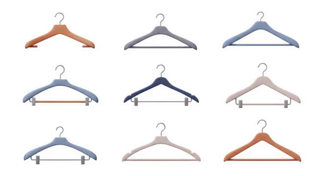 Assorted clothing hangers 3d rendered isolated on white background