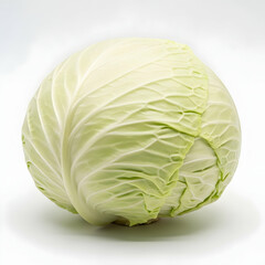 Obraz premium A single head of green cabbage, showing its textured leaves, against a plain white background.