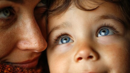 Close-up shot of child looking up at parent with love and admiration, warm natural light.