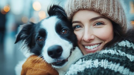 A cheerful woman radiates happiness while cuddling her playful Border Collie, highlighting the deep connection and joy that pets bring to our lives and the warmth of companionship.