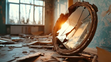 A haunting yet beautiful image of a shattered mirror reflecting warm sunlight in an abandoned room, evoking feelings of loss, isolation, and forgotten memories.