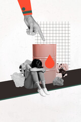 Composite artwork collage sketch of finger point show oil barrel crisis pollution young lady sit...